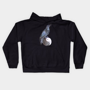 raven crow bird flying black yin yang wings winged feathers feathered Kids Hoodie